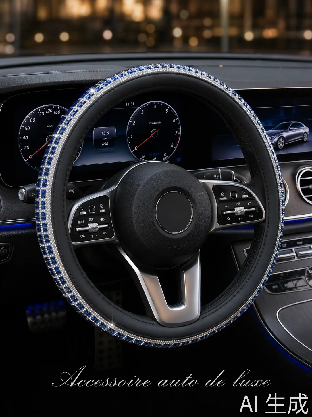 Couvre-Volant de Luxe serti de Cristaux Bleus et Diamants - Design Glamour & Chic | Accessoires Auto Tunisie