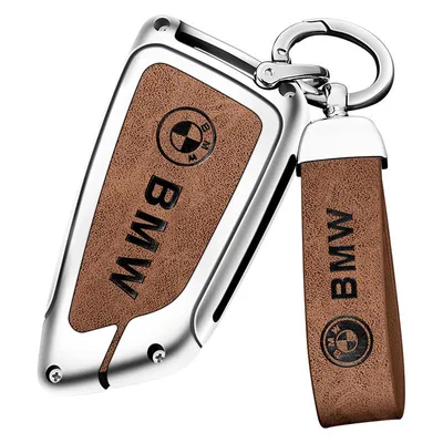 Coque de clé de luxe en alliage de zinc et cuir suédé marron pour BMW 