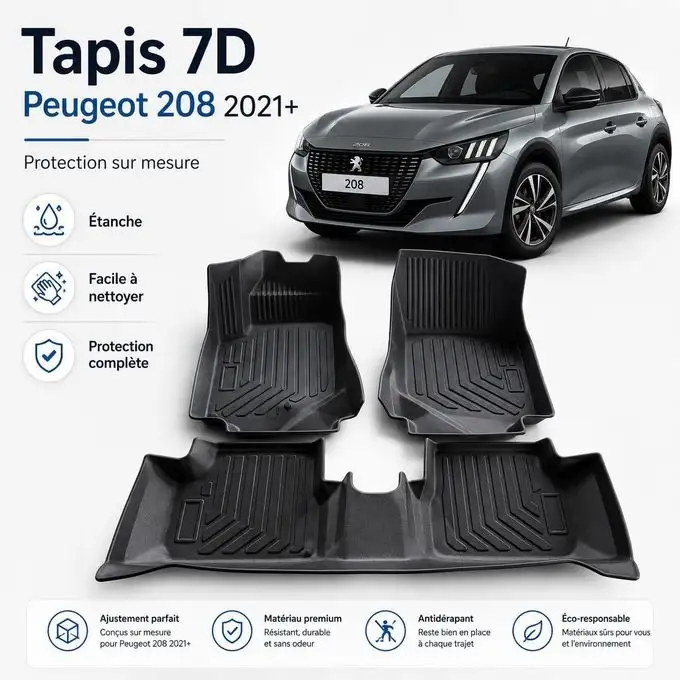 Tapis de Sol 7D Sur Mesure pour Peugeot 208 - Protection Intégrale TPE Premium - Prix Tunisie
