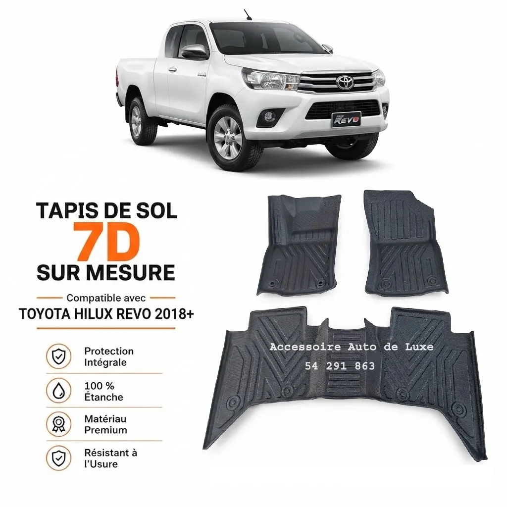 Tapis de Sol 7D Sur Mesure pour Toyota Hilux Revo (2018+) - Protection Intégrale TPE Premium - Prix Tunisie