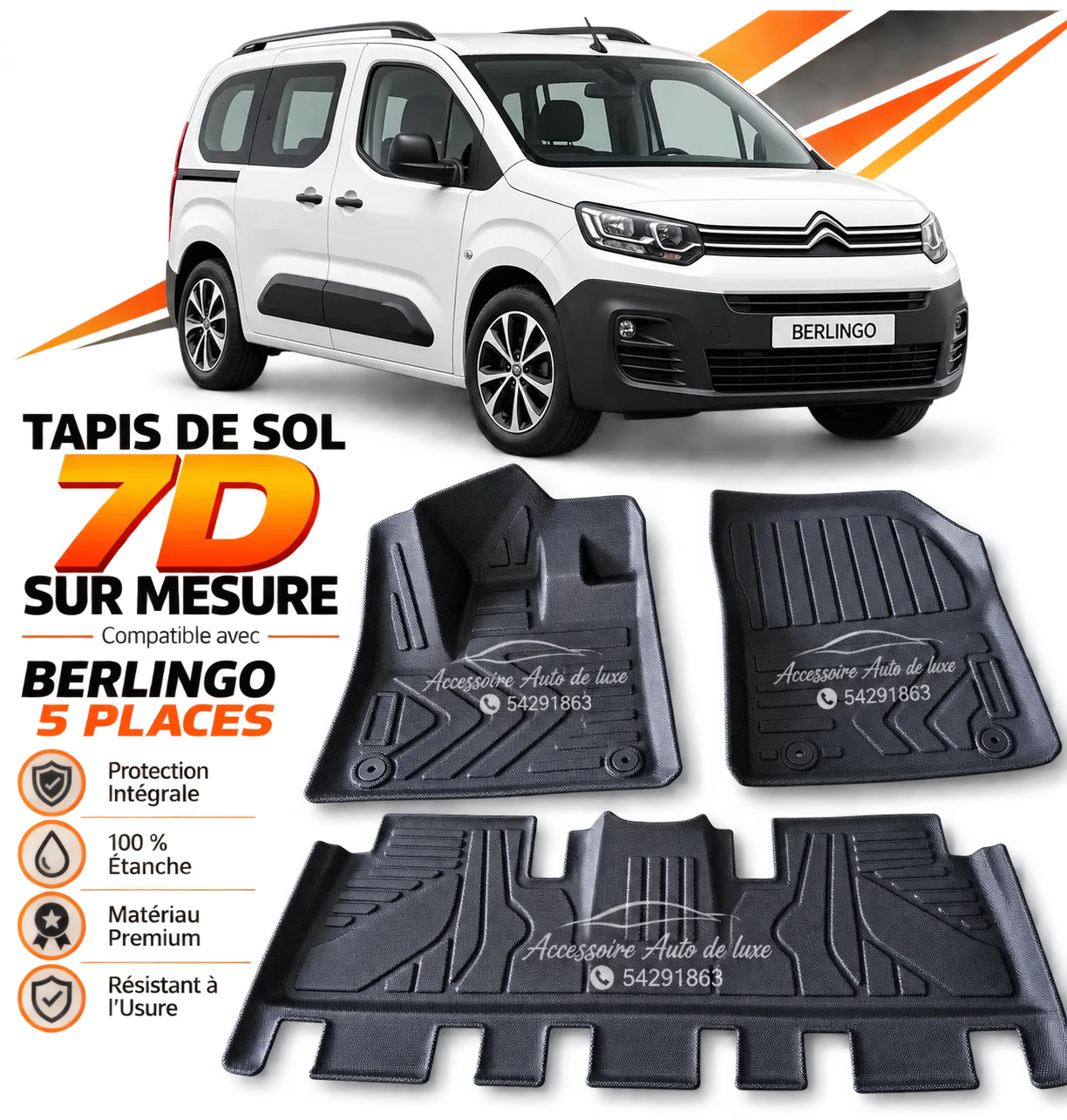 Tapis de Sol 7D Sur Mesure pour Citroën Berlingo B9 (5 Places) – Kit Complet Protection Intégrale & Luxe