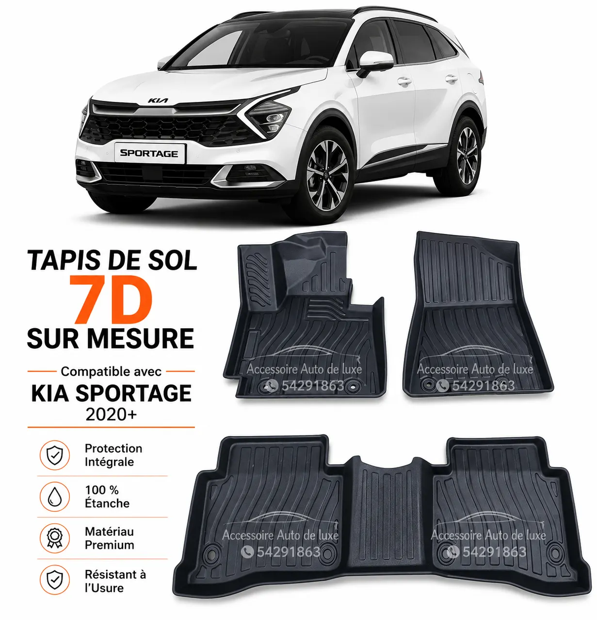Tapis de Sol 7D Sur Mesure pour Kia Sportage  – Protection Intégrale SUV, 100% Étanche & Design Premium