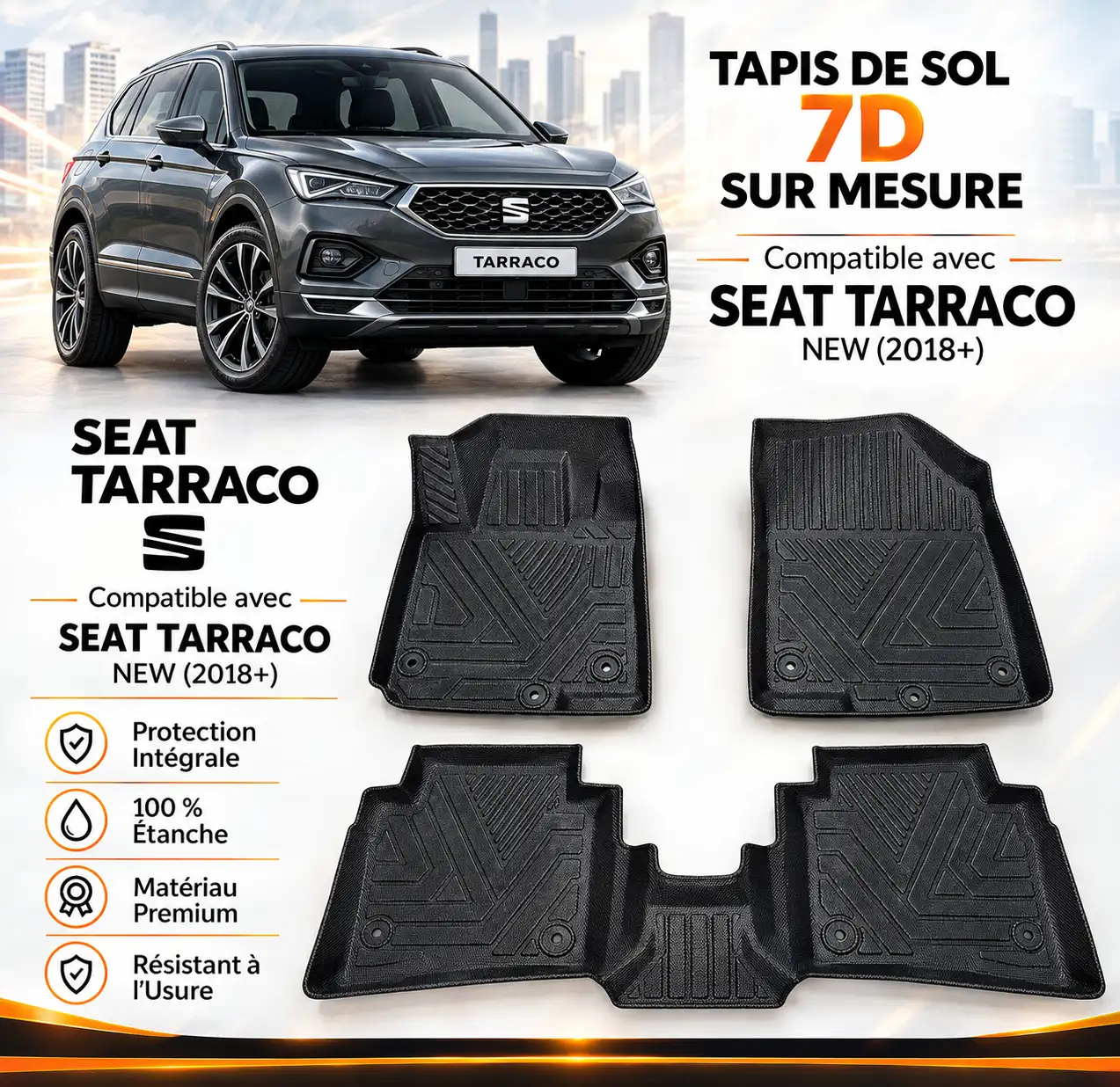 Tapis de Sol 7D Sur Mesure pour Seat Tarraco New (2018+) - Protection Intégrale Premium