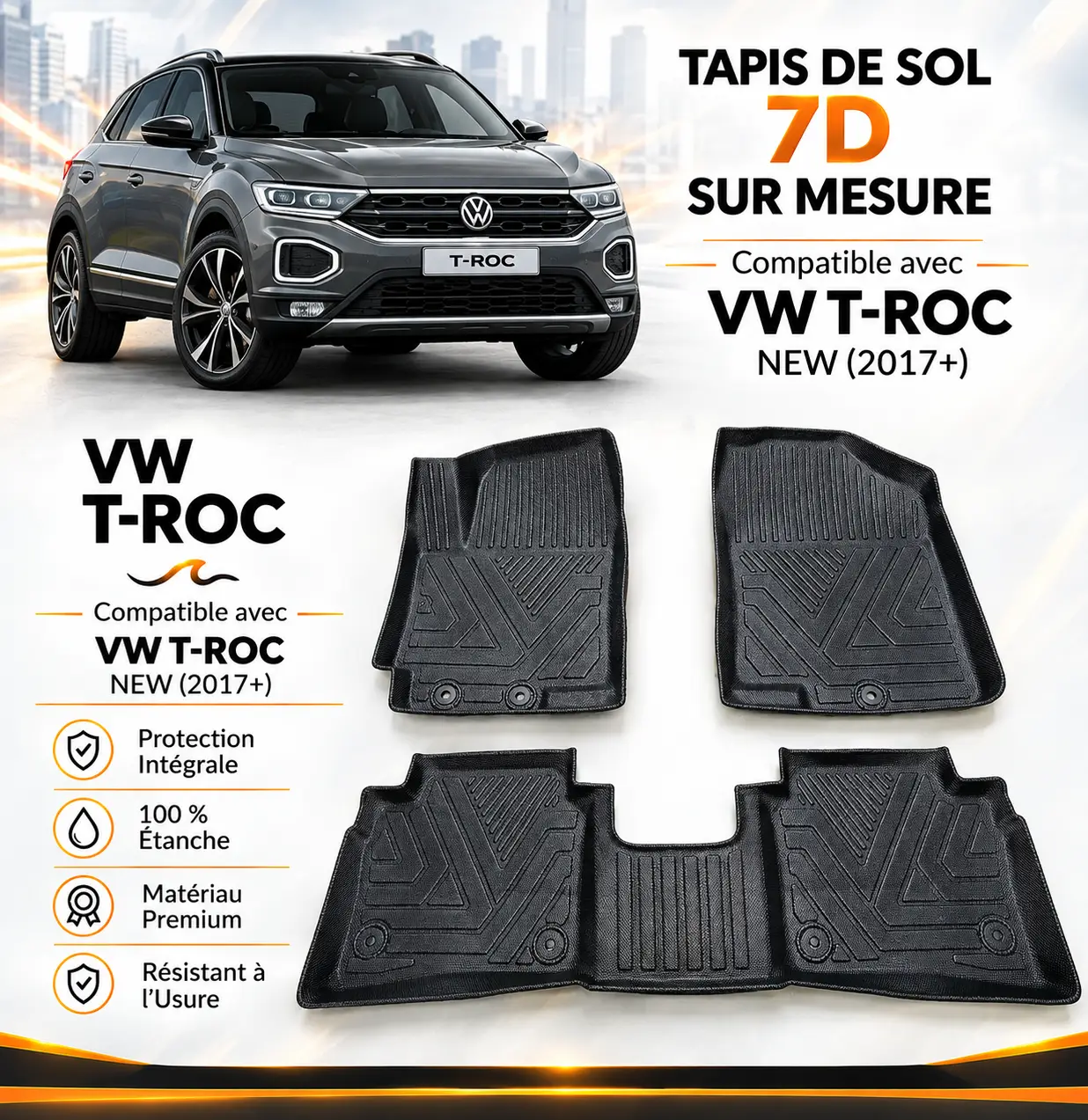 Tapis de Sol 7D Sur Mesure pour Volkswagen T-Roc New (2017+) - Protection Intégrale Premium